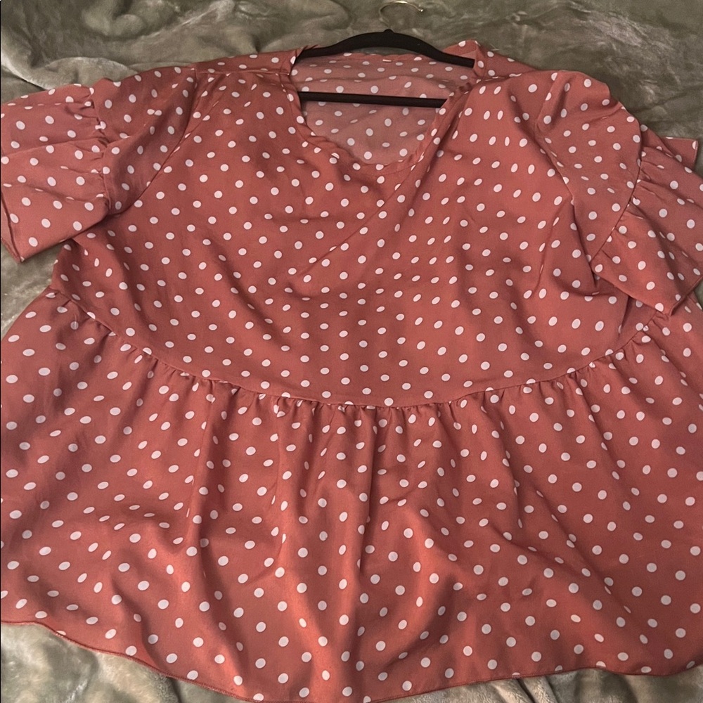 Women's Polka Dot Peplum Top - Coral with White Dots